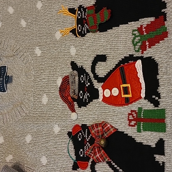 Karen Scott Gray Not Ugly Christmas Sweater Santa Plaid Sequin Cat Womens Small - Picture 4 of 13